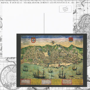 Antique Map, Town Plan of Lisbon, Portugal, 1598 Postcard