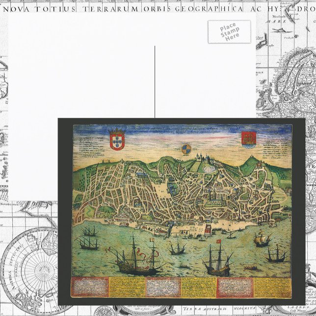 Antique Map, Town Plan of Lisbon, Portugal, 1598 Postcard (Creator Uploaded)
