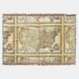 Antique Map United States America USA Vintage 1867 Throw Blanket