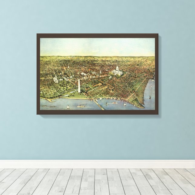 Antique Map with a Panoramic View of Washington DC Canvas Print (Insitu(Wood Floor))