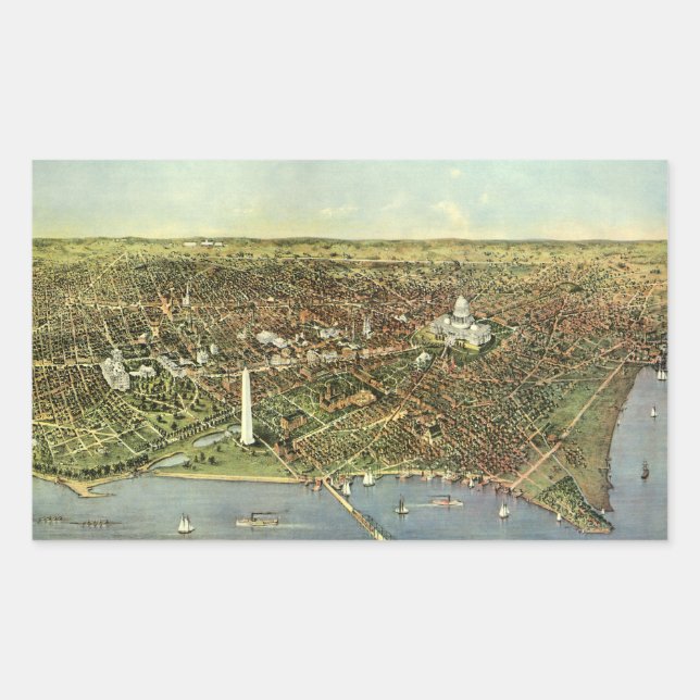 Antique Map with a Panoramic View of Washington DC Rectangular Sticker (Front)