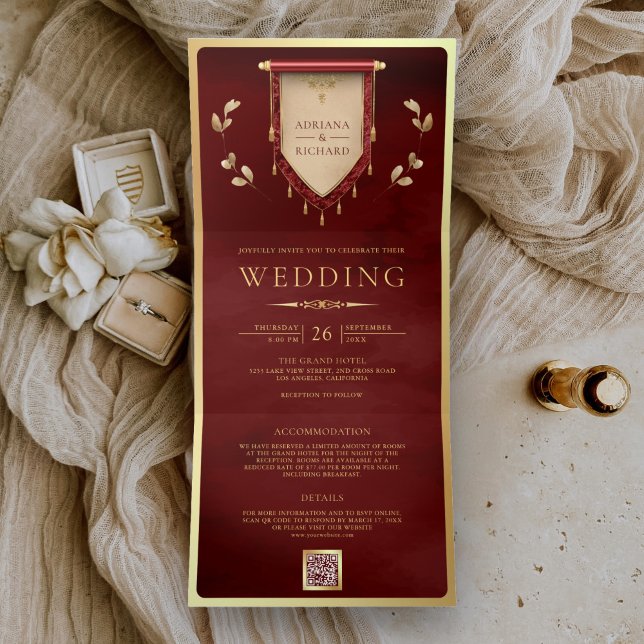 Antique Maroon Red Gold Scroll Mediaeval Wedding Tri-Fold Invitation (Creator Uploaded)