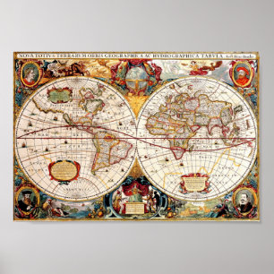 Antique mediaeval, historical World Map Nova Poster