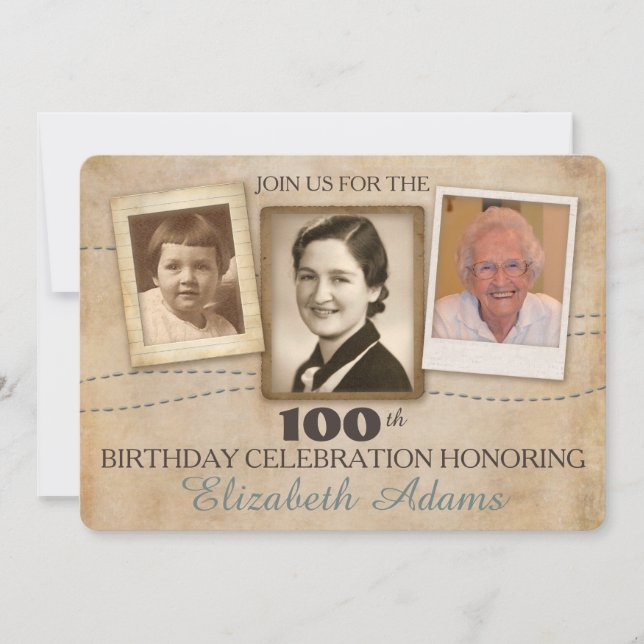 Antique Memories | Three Photo Birthday Invitation (Front)
