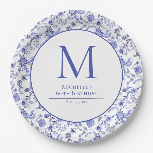 Antique Monorgam Blue White Floral Birthday Paper Plate (Front)