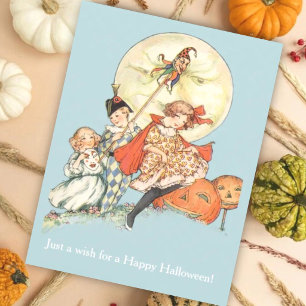 Antique Moon & Masked Children Vintage Halloween Card