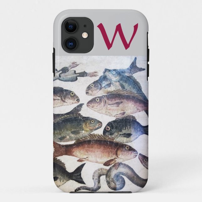 ANTIQUE MOSAIC FISHES,OCEAN SEA LIFE MONOGRAM Case-Mate iPhone CASE (Back)