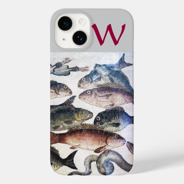 ANTIQUE MOSAIC FISHES,OCEAN SEA LIFE MONOGRAM Case-Mate iPhone CASE (Back)