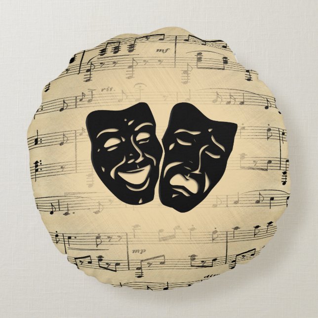 Antique Music and Theatre Masks Round Cushion (Back)