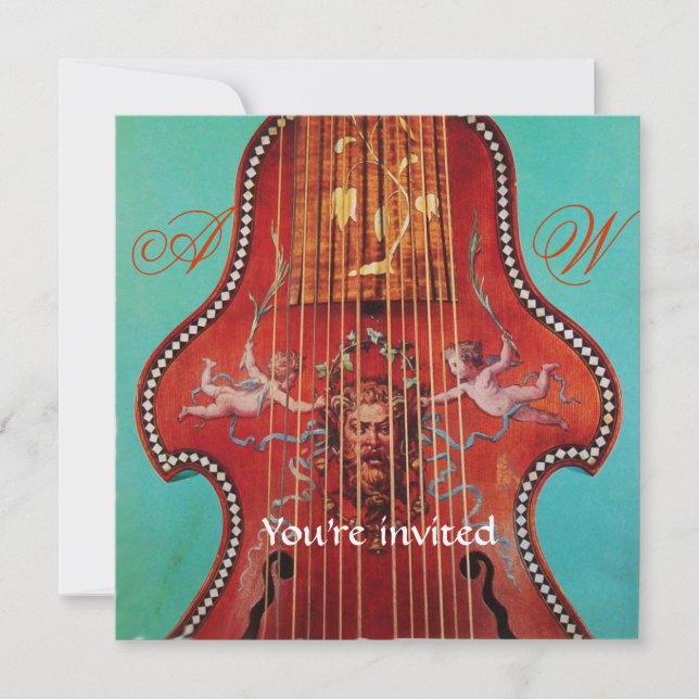 ANTIQUE MUSIC CONCERT,WEDDING,Monogram Red Blue Invitation (Front)