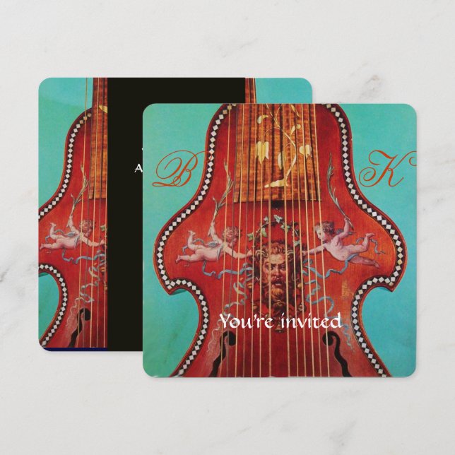 ANTIQUE MUSIC CONCERT,WEDDING Monogram Red Lyrone Invitation (Front/Back)