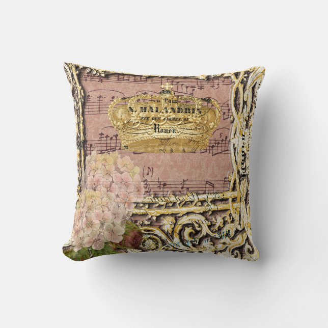 Antique Music French Gold Crown Collage Cushion (Front)