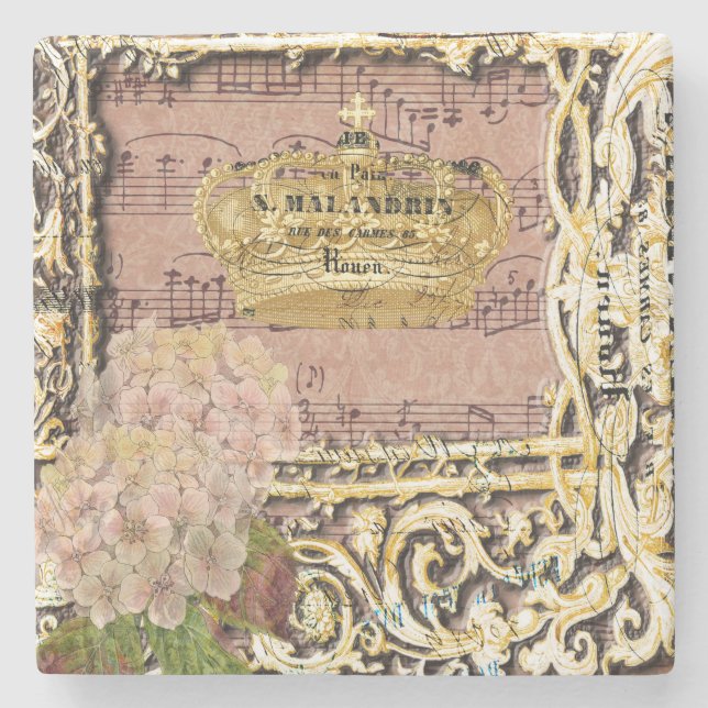 Antique Music French Gold Crown Collage Stone Coaster (Front)