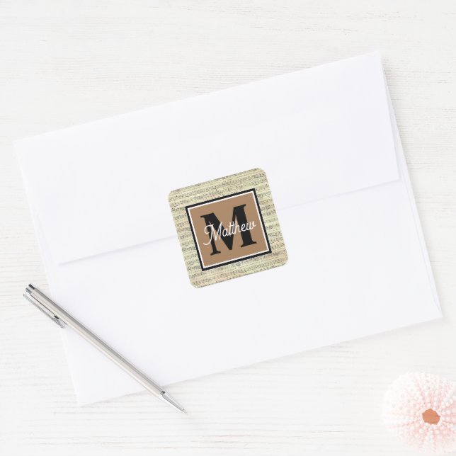 Antique Music note Musician Monogram  Square Sticker (Envelope)