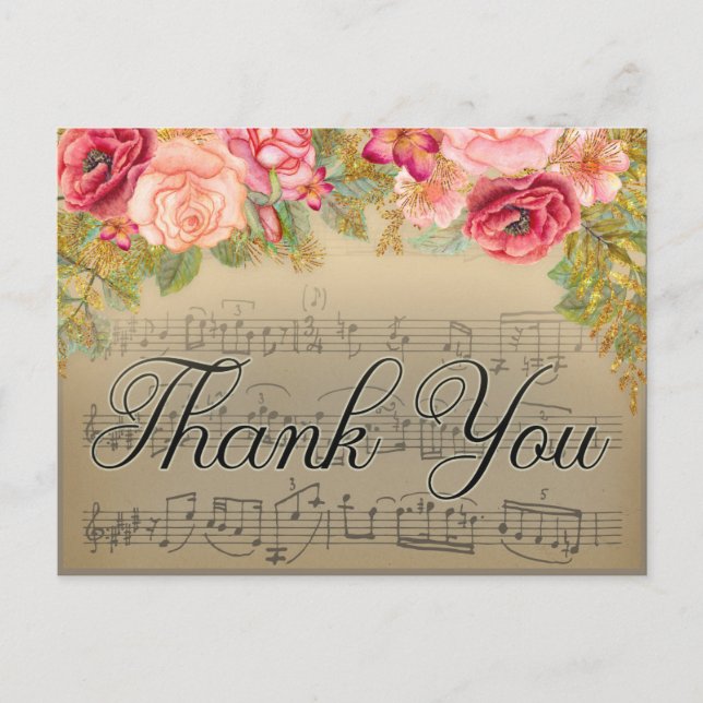 Antique Music w/ pink Yellow Gold Floral Thank You Postcard (Front)