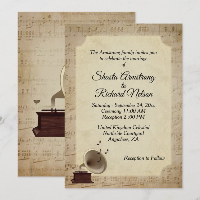 Antique Music Wedding Theme Invitation (Front/Back)