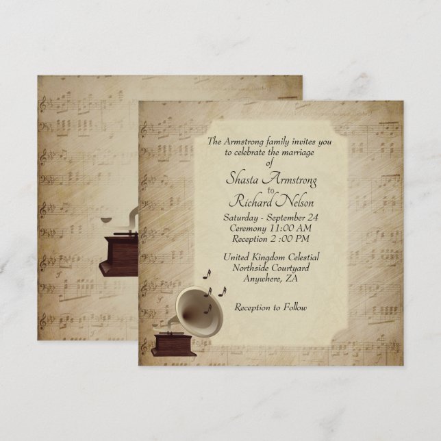 Antique Music Wedding Theme Invitation (Front/Back)