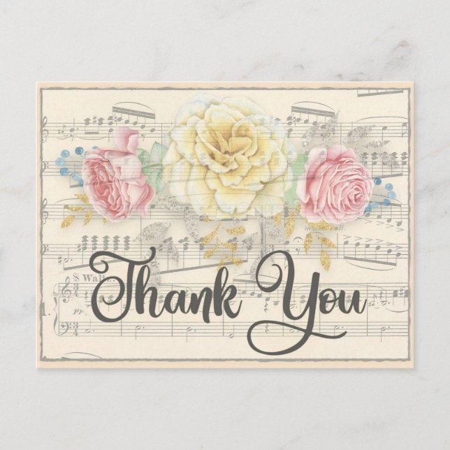 Antique Music with Pink Yellow Floral Thank You Postcard (Front)