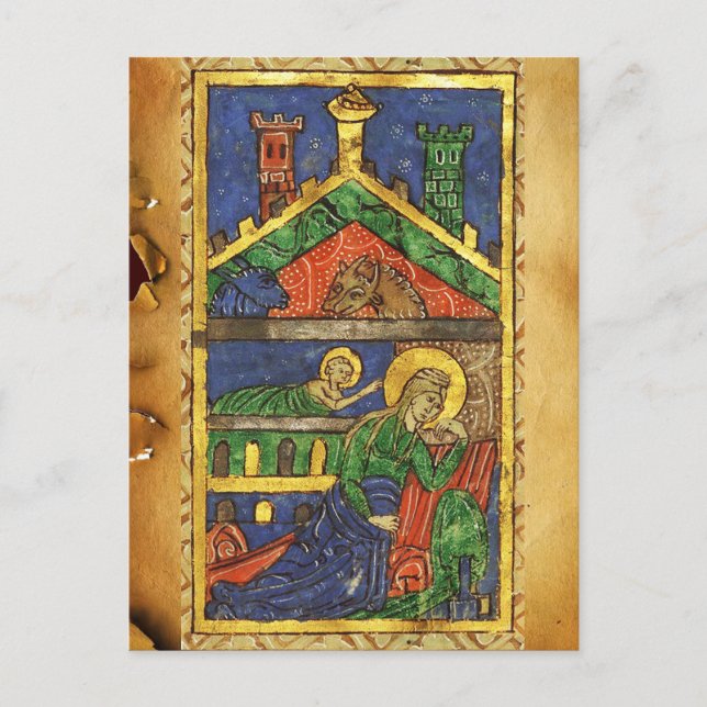 ANTIQUE NATIVITY CHRISTMAS PARCHMENT HOLIDAY POSTCARD (Front)