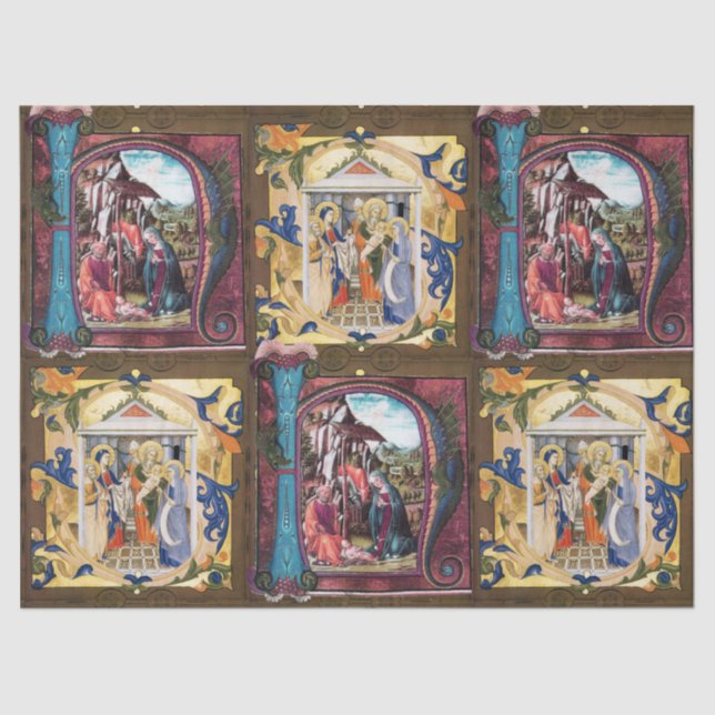 ANTIQUE NATIVITY MONOGRAM CHRISTMAS PARCHMENT Pink Tissue Paper (Front)