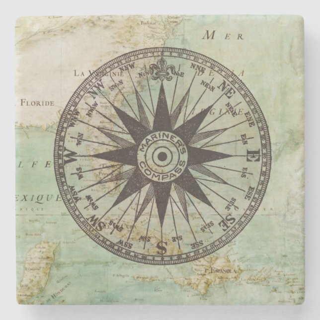 Antique Nautical Compass & Map Marble Coaster (Front)