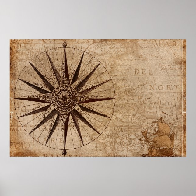 Antique nautical compass map poster (Front)