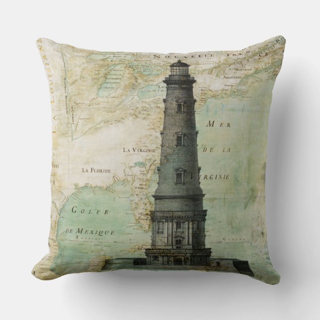 Antique Nautical Lighthouse & Map Pillow (Front)