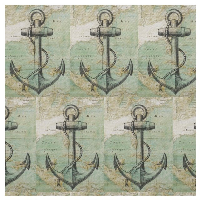 Antique Nautical Map & Anchor Fabric by the Yard (Swatch)
