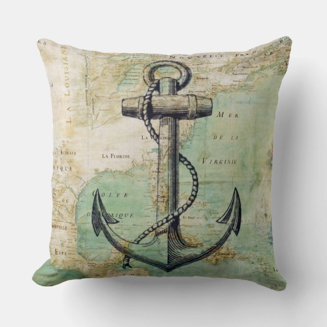 Antique Nautical Map & Anchor Pillow (Front)