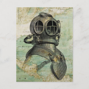 Antique Nautical Map & Dive Helmet Postcard