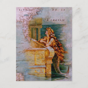 Antique Nautical Map & Mermaid Postcard