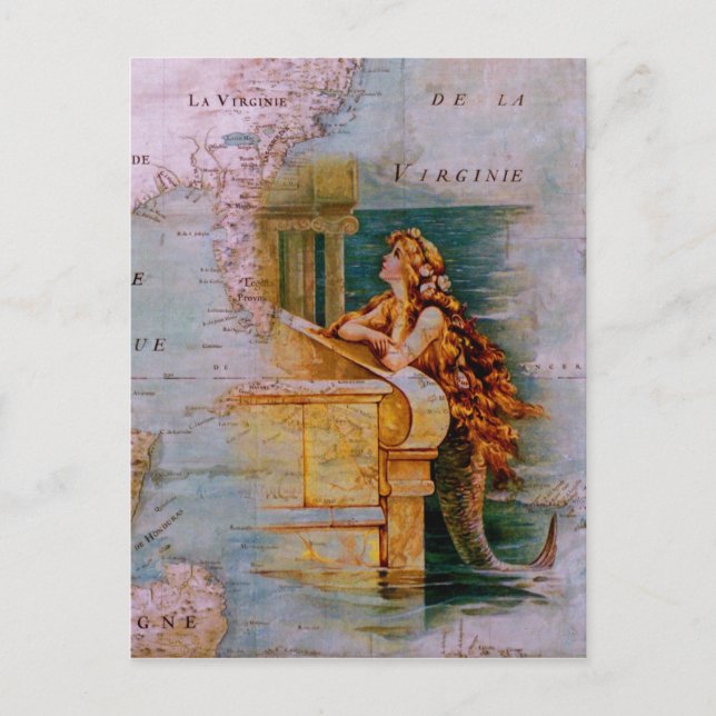 Antique Nautical Map & Mermaid Postcard (Front)