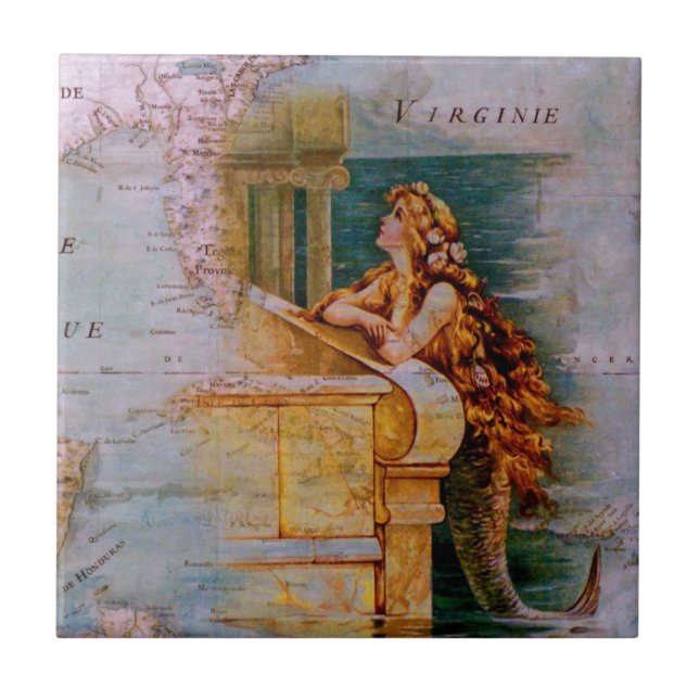 Antique Nautical Map & Mermaid Tile (Front)