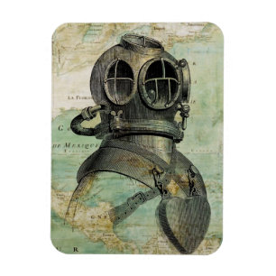 Antique Nautical Map with Dive Helmet Magnet