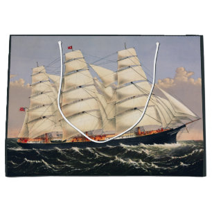 Antique Nautical Sailing Ship Currier & Ives Large Gift Bag