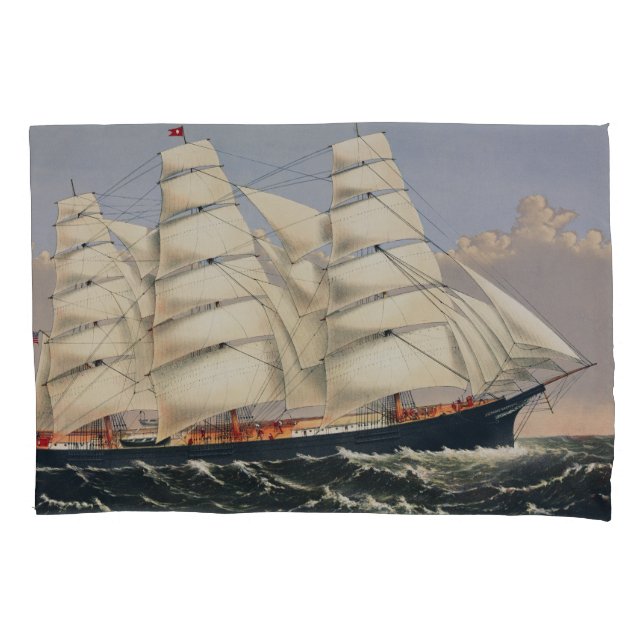 Antique Nautical Sailing Ship Currier & Ives Pillowcase (Front)