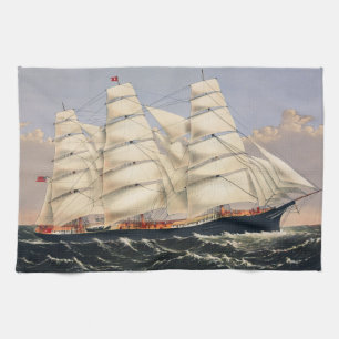 Antique Nautical Sailing Ship Currier & Ives Tea Towel