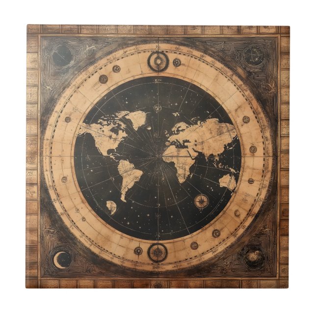 Antique Nautical World Globe Moon Navigation Map Tile (Front)