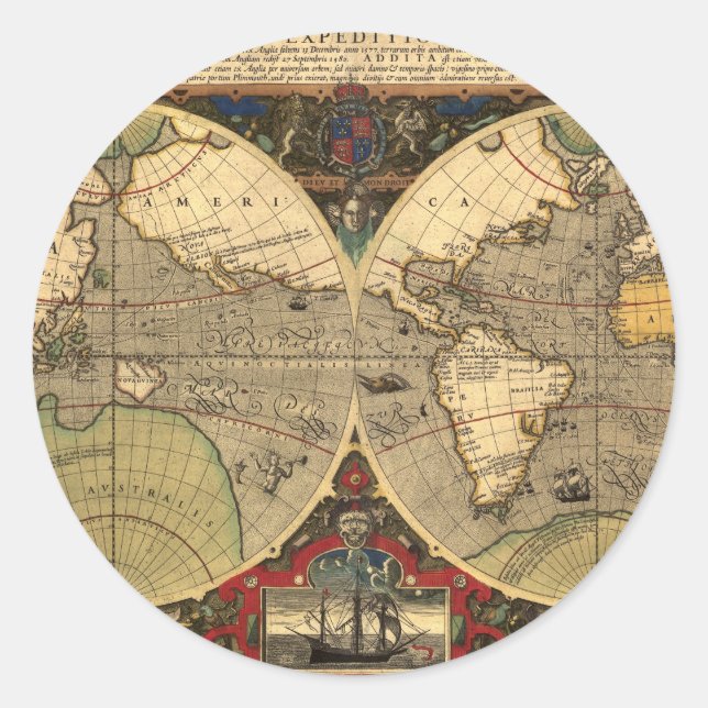 Antique Nautical World Map Classic Round Sticker (Front)