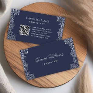 Antique Navy Blue QR Code Vintage Elegant Script Business Card