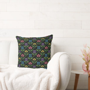 Antique Needlepoint-Look Flowers Throw Pillow