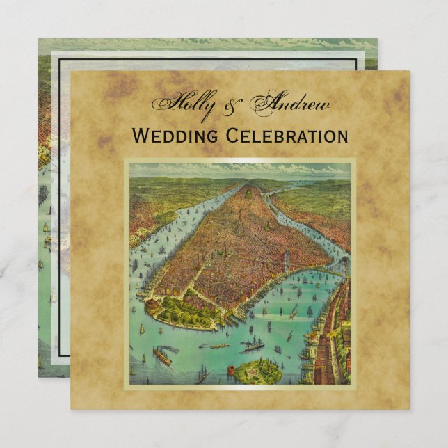 Antique New York City Map Distressed BG SQ Wedding Invitation (Front/Back)