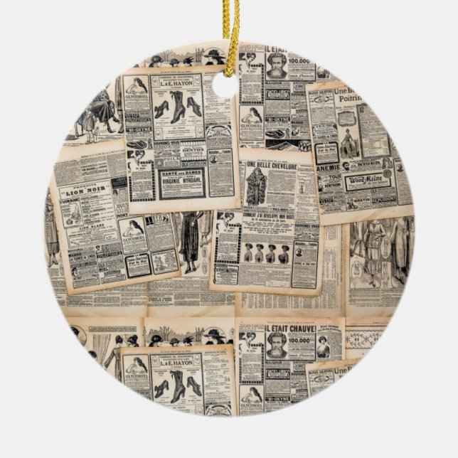 Antique Newspaper Advertisement Sheets Decoupage Ceramic Tree Decoration (Front)