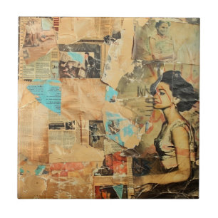 Antique Newspaper Women Sepia Blue Retro Tile