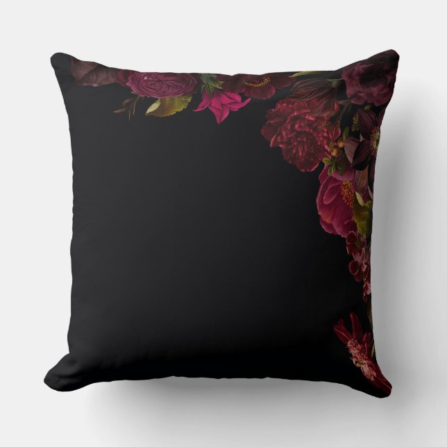 Antique Nostalgic Dark Roses And Flowers On Black Cushion (Front)