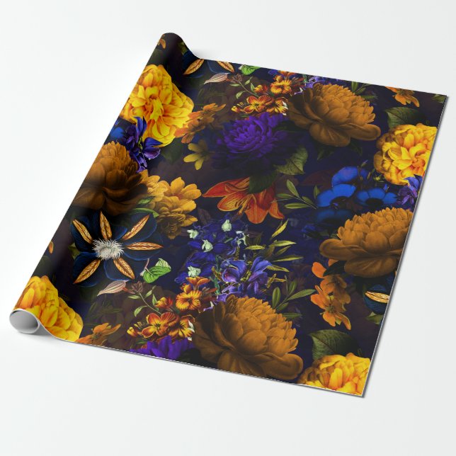 Antique Nostalgic Purple Yellow Flowers Pattern Wrapping Paper (Unrolled)