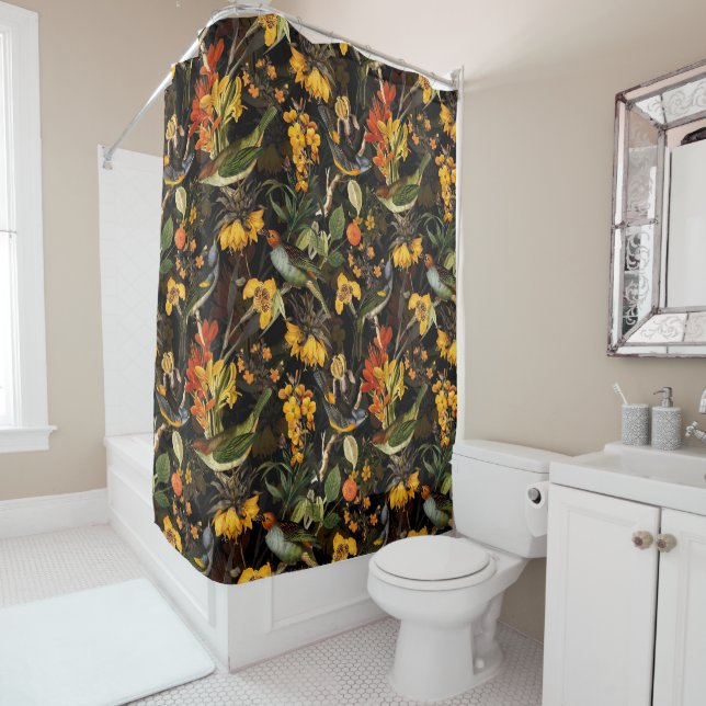 Antique Nostalgic Redouté Flowers and Birds black Shower Curtain (In Situ)