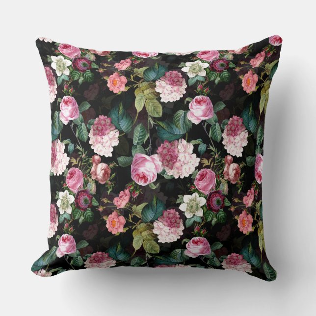 Antique Nostalgic Redouté Roses Pattern black Cushion (Front)