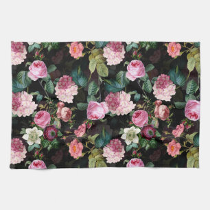 Antique Nostalgic Redouté Roses Pattern black Tea Towel