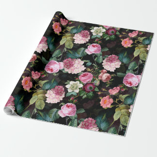 Antique Nostalgic Redouté Roses Pattern black Wrapping Paper